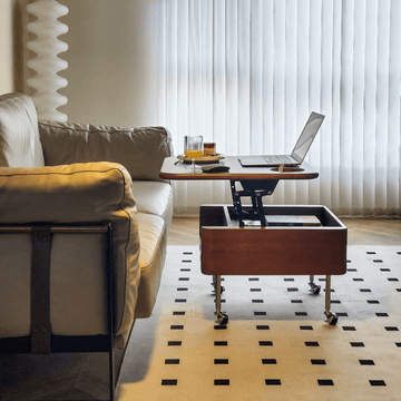 35'' Rectangular Solid Wood Coffee Table with Locking Wheels and Multifunctional Design in Caramel